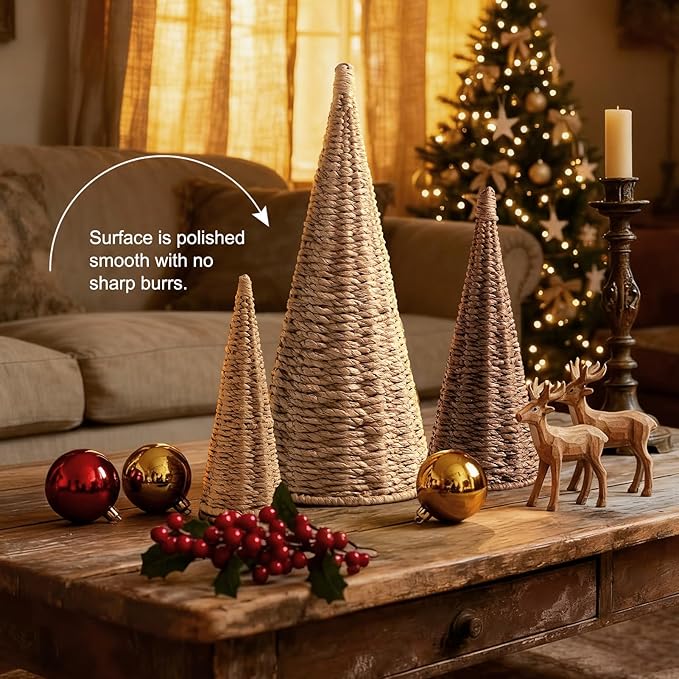 3pcs Natural Woven Christmas Trees Decor, Artificial Christmas Tree Decorations for Home Party Table Village Craft Indoor Outdoor Vintage Christmas Decor(Khaki+Dark Khaki+Natural)