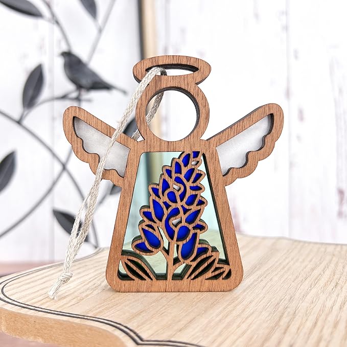 3.5" (H) Texas Bluebonnet Ornament - Angel Wings Shelf Decor - Sentimental Gift for Mom - Unique Texan Decorations
