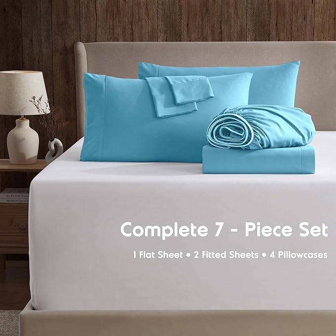 Nestl Extra Deep Split King Sheet Set - 7 Piece Breathable & Cooling Sheets - Hotel Luxury Bedding Set w/18-24 Inch Deep Pockets - Easy & Secure Fit - Super Soft, Wrinkle Free & Comfy - Bright Blue
