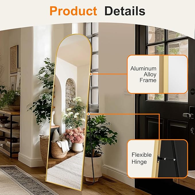 Arched Full Length Mirror, 56"x15" Standing Body Mirror for Wall, with Aluminum Alloy Frame for Bedroom, Living Room, Dressing Room(Gold)