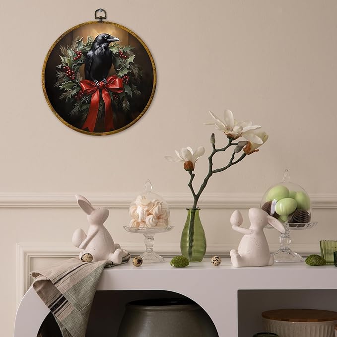 QZQE Christmas Raven Round Wall Art Decor Framed, Dark Academia Moody Crow Circle Canvas Prints, Gothic Rustic Holiday Xmas Crow Circular Wall Hanging Decor for Home Bedroom Living Room, 10x10 Inch