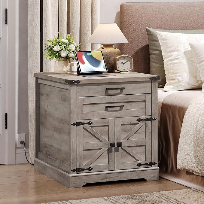 Farmhouse End Table Set of 2, 24'' Sofa Side Table with 2 Drawers and Barn Door, Large Rustic Wooden Square Nightstand for Bedroom, Living Room, Greige