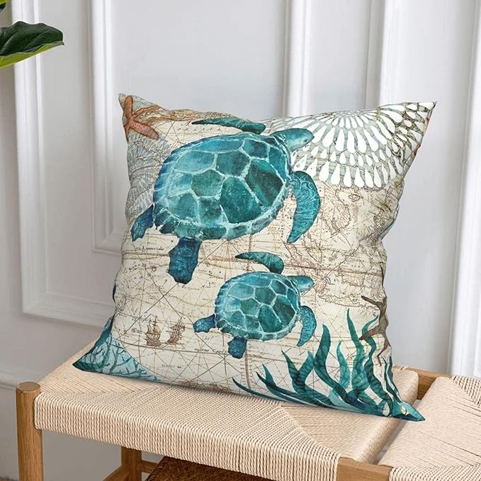 Coastal Blue Throw Pillow Covers 18 x 18 Inch Sea Turtle Seahorse Octopus Shark Beach Decorative Pillow Cases Ocean Nautical Cushion Covers for Sofa Bed Home Decor Set of 4