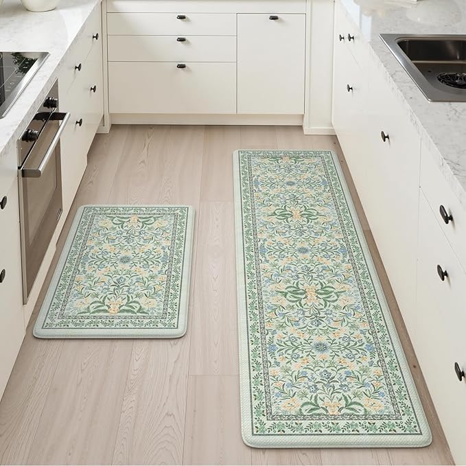 Collive Anti Fatigue Mats for Kitchen Floor, Cushioned Waterproof Sink Rug Set of 2 Spring Floral Kitchen Mat Comfort Non Skid Standing Rug for Office, Desk, Laundry, 17"x30"+17"x59"