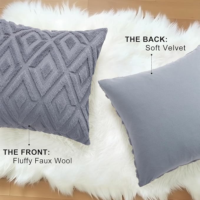 decorUhome Couch Throw Pillow Covers 12x20 Set of 2, Decorative Soft Plush Faux Wool Lumbar Neutral Accent Pillow Covers for Bed Sofa Living Room, Blue Grey