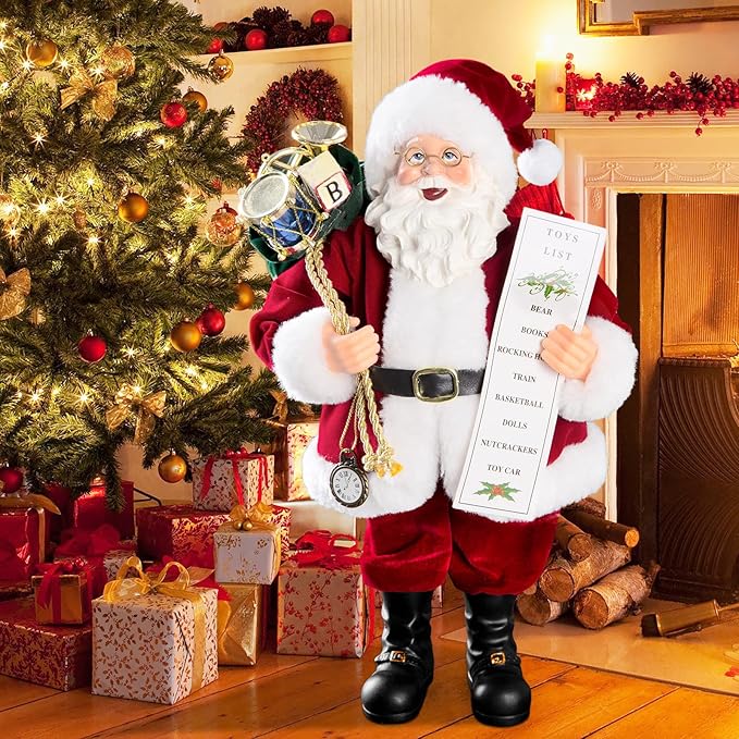 Uten 11" Santa Claus Decorations with Glasses Blessing Letter and Gifts Bag, Christmas Standing Figurine Ornaments for New Year Christmas Decoration Navidad Natal Gifts.