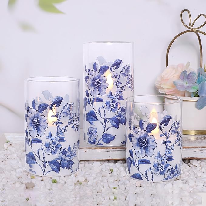 Impress Life Chinoiserie Decor Flameless Candles Blue and White Battery Operated with Remote & Timer Blue White Floral Printed Glass Flickering LED Pillar Candle for Wedding Party Home Table Decor