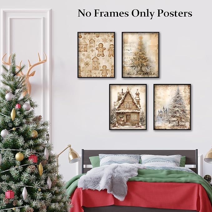 TFKFJLF Vintage Christmas Tree Prints Wall Art Poster Decor, Retro Christmas Gingerbread Decor Wall Art, Winter Holidays Decorations for Bedroom Bathroom Living Room Office, Unframed 8x10in Set of 4