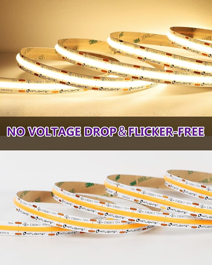 HitLights COB LED Strip Lights Warm White, 12V Tape Light 3000K 16.4ft, 2640 LEDs, 426 lm/ft, CRI 90+, IP30, Premium High Density Lighting for Kitchen, Cabinets, UL Listed (Power Source Not Included)