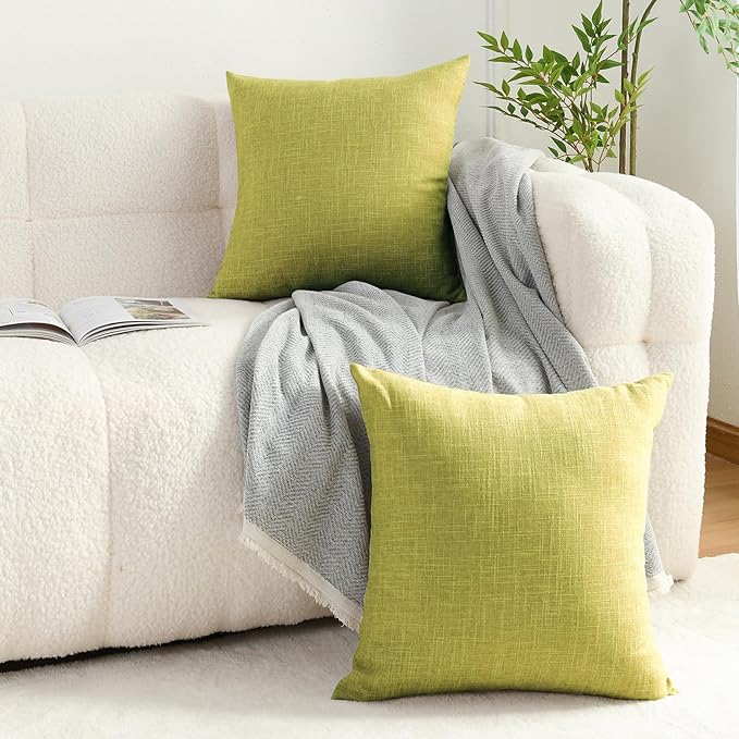 JIUZHEN 20x20 Inch Green Faux Linen Pillow Covers Set of 2, Farmhouse Rustic Decorative Cushion Covers for Sofa Bed, Soft Breathable Washable Zippered Pillowcase