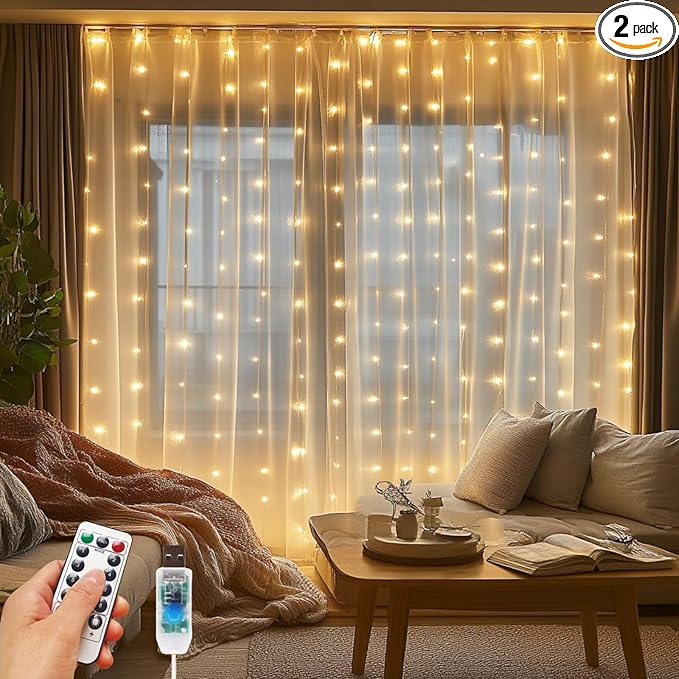2 Pack Fairy Curtain Lights, 200 LED Upgraded Tangle-Free Hanging Lights with Remote, USB Plug in String Lights for Wall Window Wedding Party Xmas Home Décor - 6.6 x 6.6 Ft, Warm White