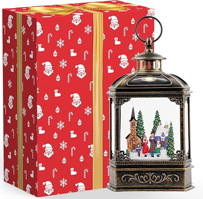 Musical Snow Globe Lantern Lighted Church Carolers Christmas Village Snow Water Lantern Swirling Glittering Home Decoration and Gift, Battery Operated or USB Powered