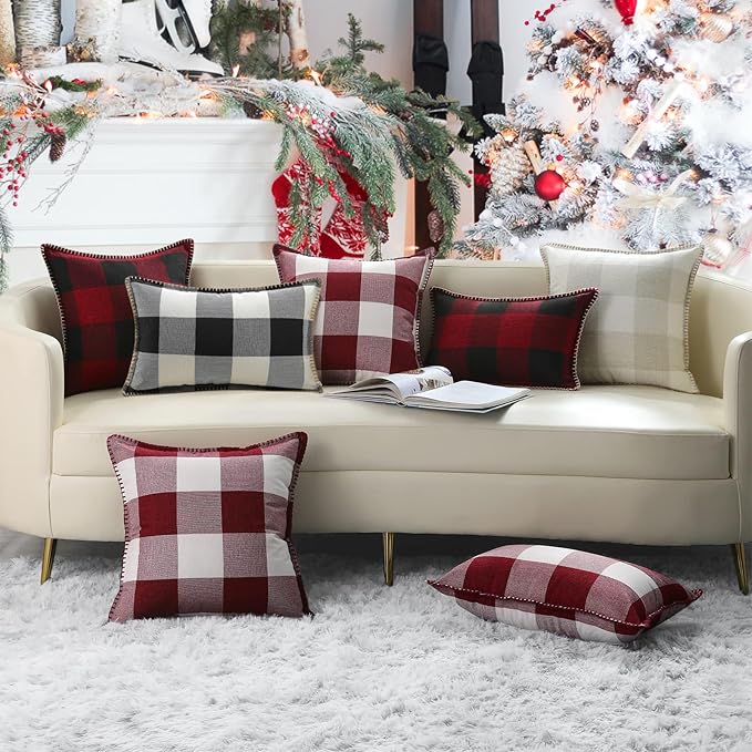 decorUhome Christmas Buffalo Plaid Check Throw Pillow Covers 12x20 Set of 2, Farmhouse Gingham Lumbar Linen Decorative Pillow Covers with Stitched Edge for Bed Couch Sofa, Red and Black