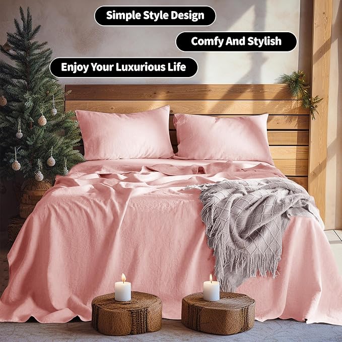 LBRO2M 100% Linen Sheet Set 16" Deep Pocket Full Size,Bed Sheets 4 Piece Sets,Solid Color Natural Flax Bed Sheets Soft Breathable Bedding, All Season (Full, Blush Pink)