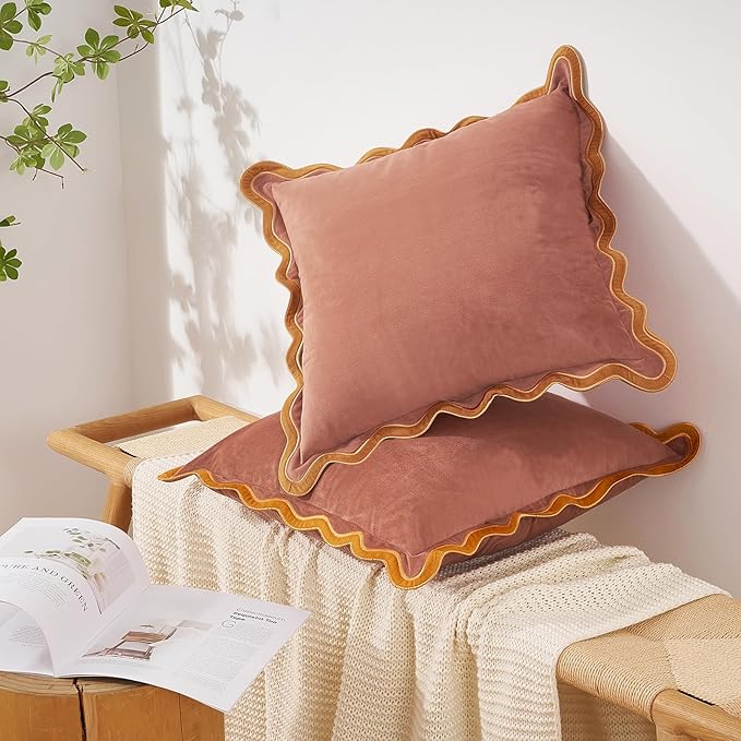 MONDAY MOOSE Decorative Throw Pillow Covers Cushion Cases, Set of 2 Soft Velvet Scalloped Wavy Edge Designs, Mix and Match for Home Decor, Pillow Inserts Not Included (Honey/Pink, 18x18 inch)