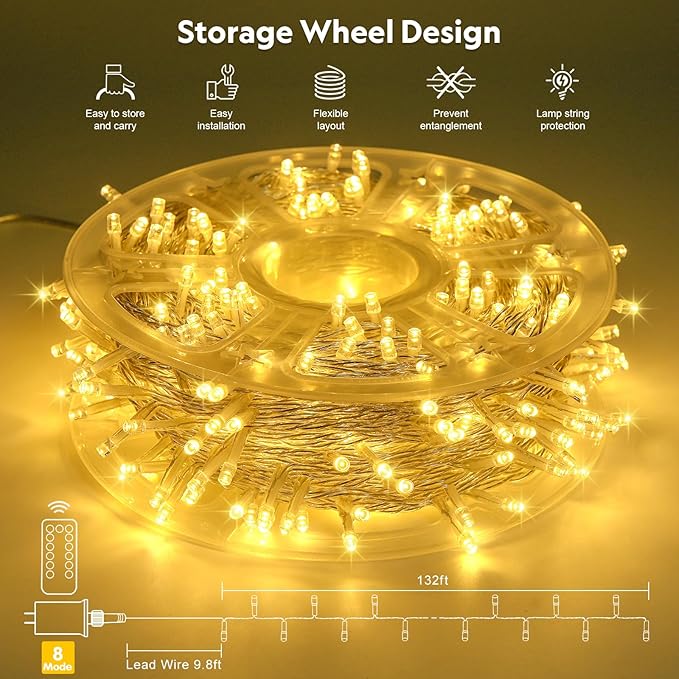 JMEXSUSS 400 LED String Lights Indoor Outdoor Waterproof, 132 ft Warm White Christmas Lights Plug in with Remote, 8 Modes Christmas String Lights for Bedroom Outside Patio Home Party Xmas Tree Decor