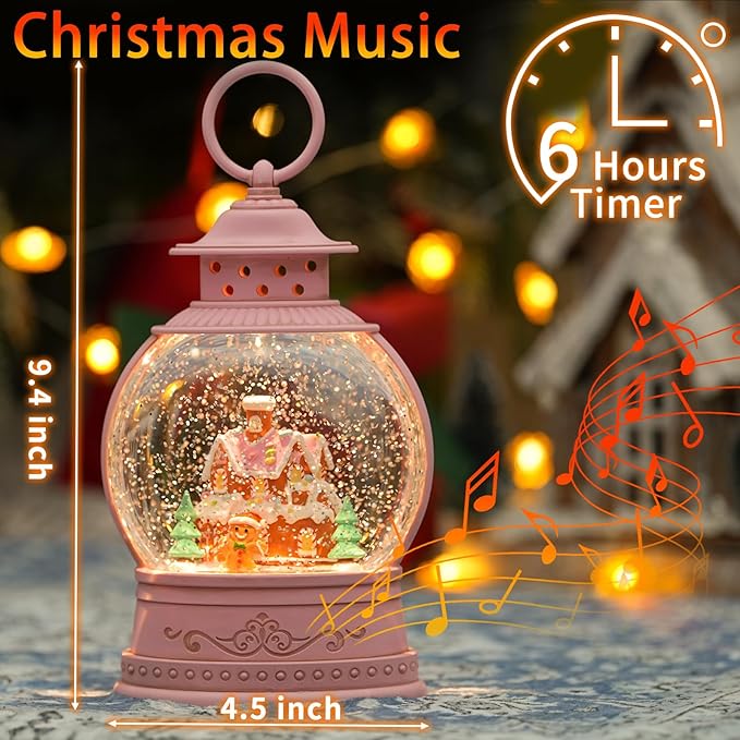 Christmas Snow Globes, Gingerbread House Musical Snow Globe Light up Swirling Glitter Snow Globe Pink Lantern with Timer, USB & Battery Operated Candy Cottage and Gingerbread Man Christmas Home Decor
