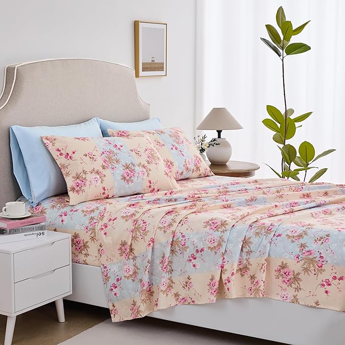 Twin Size Bed Sheets Set Deep Pockets - 6PC Floral Ultra Soft Microfiber Bed Sheets - Easy to Clean, 90 Thread Count Sheets with Fitted Sheet, Flat Sheet & Pillowcases (Beige Floral)
