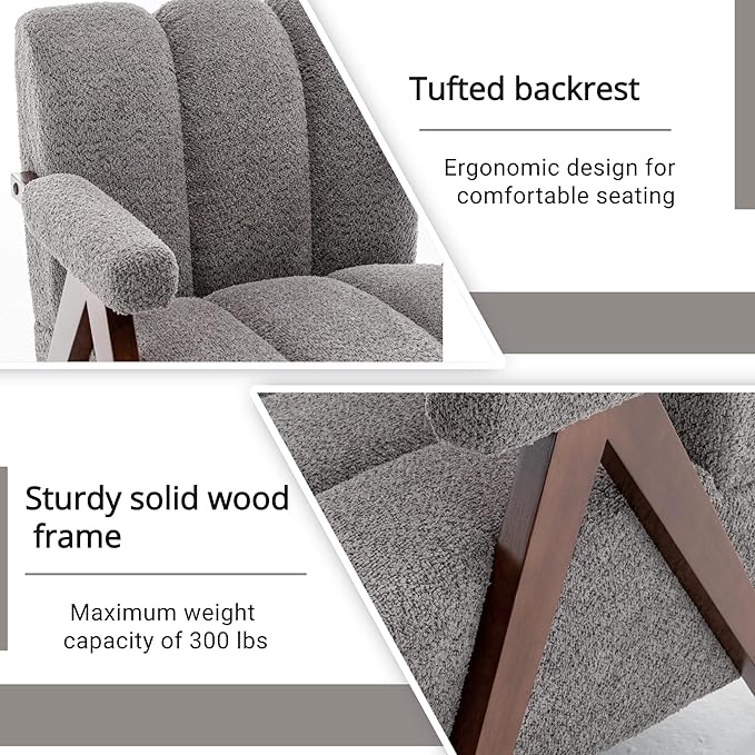 Mid Century Modern Accent Chairs Set of 2 with Solid Wood Frame, Boucle Upholstered Living Room Chairs with Thick Cushion, Comfy Tufted Arm Chair for Bedroom, Grey