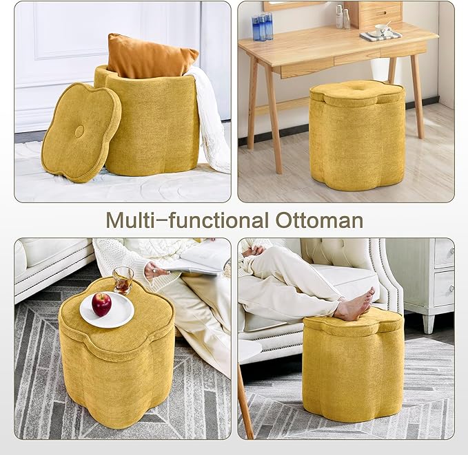 Crestview Collection 18" Flower Foot Rest Ottoman with Storage,Chenille Fabric Pouf Ottoman for Home Decor, Vanity Stool, Extra Seating for Living Room, Bedroom, Entryway, Spice Yellow