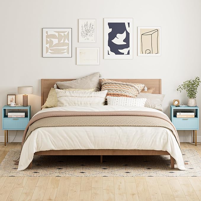 Masupu Nightstand with Charging Station,Mid-Century Modern Bedside Table with Storage Drawer and Open Wood Shelf,Small Gold Frame Side Table for Bedroom,Living Room (Blue)