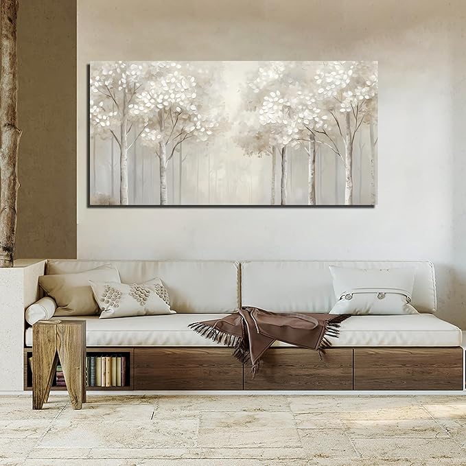 ANCXWOTER Large Forest Wall Art for Living Room White Misty Birch Tree Picture for Bedroom Office Modern Landscapes Canvas Prints Ready to Hang 29x58 Inch