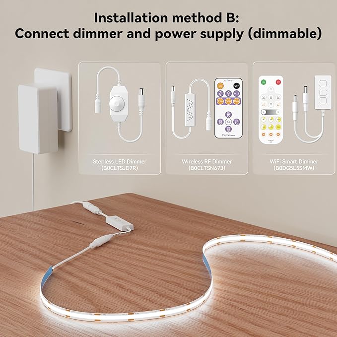 MIWISE COB LED Strip 20ft/6.1m,CRI 90+ Daylight White 6000K High Lumen Super Bright Flexible DC24V LED Tape Light,for Cabinet Home Office DIY Lighting Projects(Adapter & Controller NOT Included)
