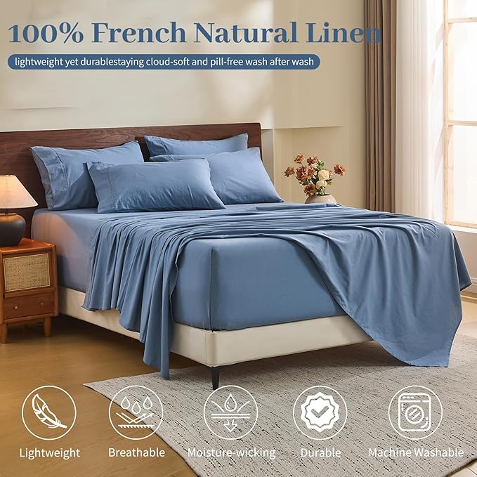 MEISHANG 100% French Pure Linen Sheets King Size - 6 PC Extra Deep Pocket Sheet Set, Soft Durable Flax Linen, Anti-Tear Breathable & Oeko-Tex Certified 18-24 Deep Pocket,All Season(Dusty Blue)