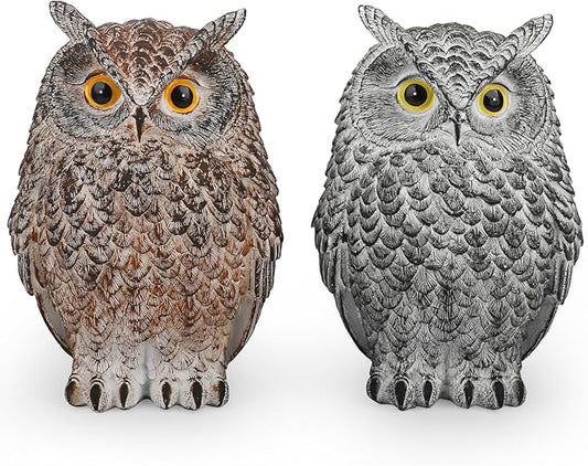 2 Pack Realistic Owl Statues for Indoor & Outdoor Decoration, Effective Birds Deterrent for Garden, Patio, Yard, and Home Decor, Suitable for Spring Decor (Brown & Gray)