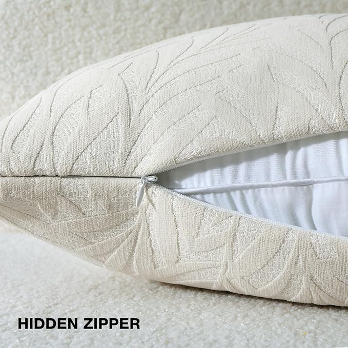 FUTEI Cream Decorative Throw Pillow Covers 12x20 Inch Set of 2,Soft Chenille Phoenix Tail Leaf Textured Pillow Case,Modern Home Decor for Couch Bed Living Room