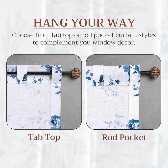 Maison d'Hermine Curtains for Living Room 100% Cotton 124 inch Length Two Panels Window Curtains for Bedroom with Loop & Rod Pockets - Rose Garden - Blue, 50" W x 124" L