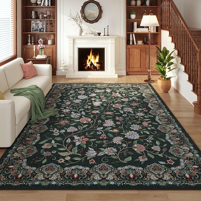 Rugcomf Vintage Paisley Rugs for Living Room 5'x7' - Machine Washable Area Rug, Non-Slip Low Pile Floral Carpet for Bedroom, Dining Room, Farmhouse, Office, Kids Playroom - Green