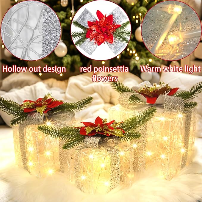 Christmas Decorations, Set of 3 Christmas Lighted Gift Boxes, Decorative Acrylic Light Up Present Gift Boxes with Timer for Weddings Holiday Indoor Outdoor Xmas Tree Decor