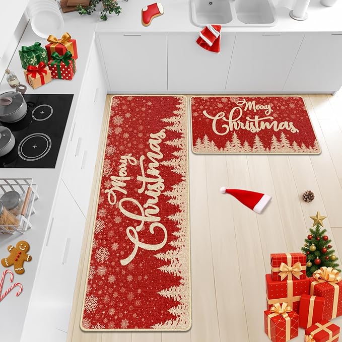 Christmas Snowflake Tree Kitchen Rugs and Mats Non Skid Washable Set of 2, Xmas Kitchen Mats for Floor Decor