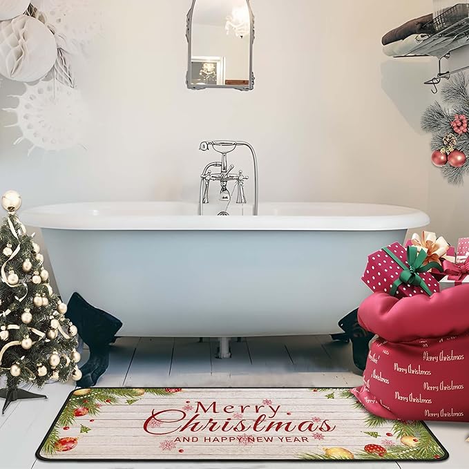 Merry Christmas Kitchen Rugs and Mats Set, Xmas Indoor Floor Mats for Winter, Merry Christmas (17"x47" + 17"x30")