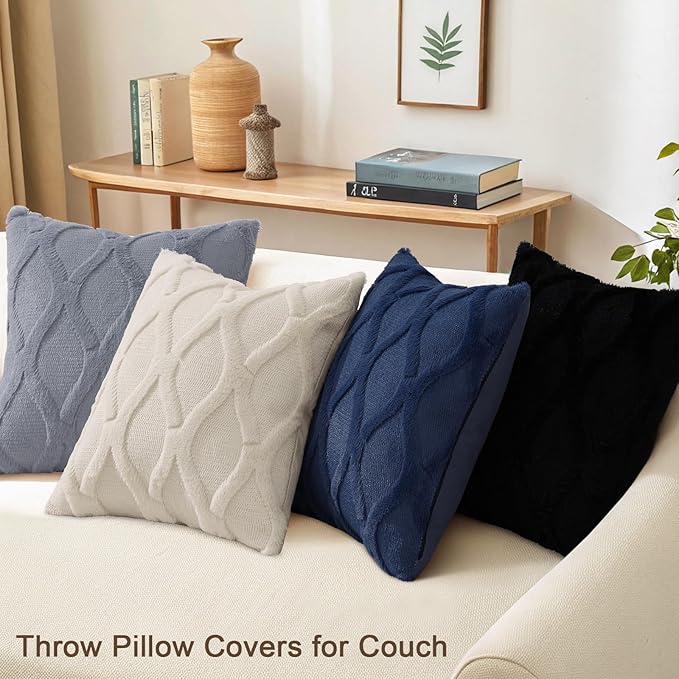 decorUhome Set of 4 Throw Pillow Covers 16x16 Inch, Neutral Decorative Soft Plush Faux Wool Couch Pillow Covers, Farmhouse Pillow Cases for Living Room Bed Sofa (Blue/Grey)