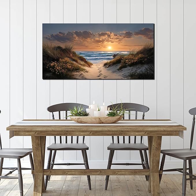 Sunset Canvas Wall Art Brown Wall Decor Seascape Art Print Landscape Wall Decorations Large Blue Picture 24" x 48" Coastal Artwork for Living Room Bedroom Office