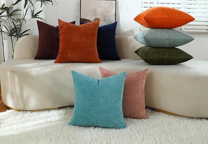 Aqua Green Chenille Decorative Couch Throw Pillow Covers, Soft Cushion Cases for Home Livingroom Sofa Décor, Pack of 2, 18 x 18 Inches
