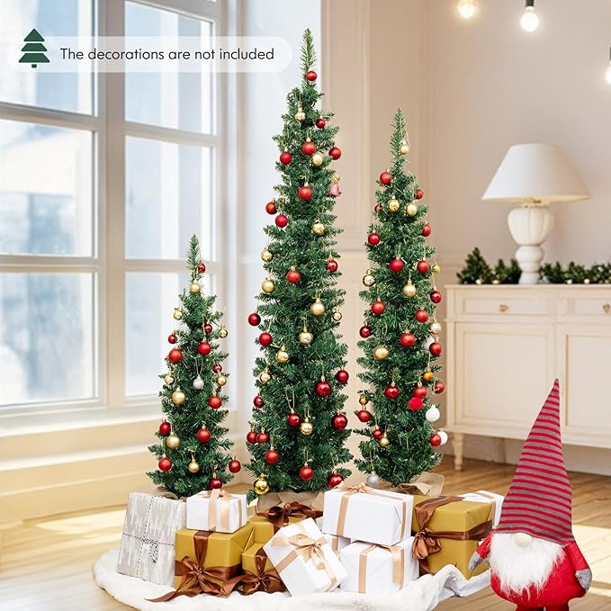 GOFLAME Set of 3 Pre-Lit Christmas Trees, Pencil Artificial Christmas Trees 3Ft, 4Ft and 5Ft with Warm White LED Lights, Burlap Base, Seasonal Holiday Decoration Tree for Home Party