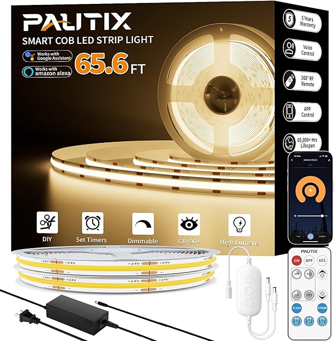 PAUTIX COB LED Strip Light 65.6ft/20m,Work with Alexa/Google Assistant,9600 LEDs Warm White 3000K,CRI93+ Super Bright High Lumen,Dimmable 24V Flexible LED Light Strip,for Bedroom,Ceiling,Office,DIY