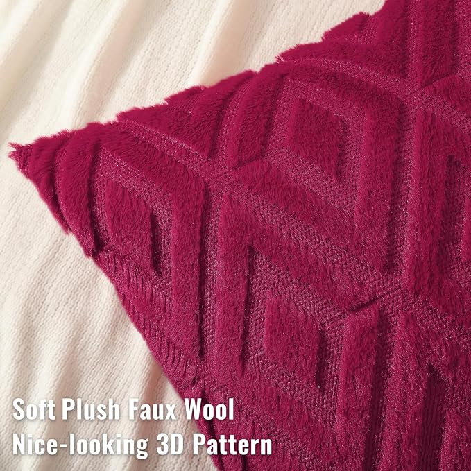 decorUhome Christmas Couch Throw Pillow Covers 22x22 Set of 2, Decorative Soft Plush Faux Wool Neutral Accent Pillow Covers for Bed Sofa Living Room, Burgundy