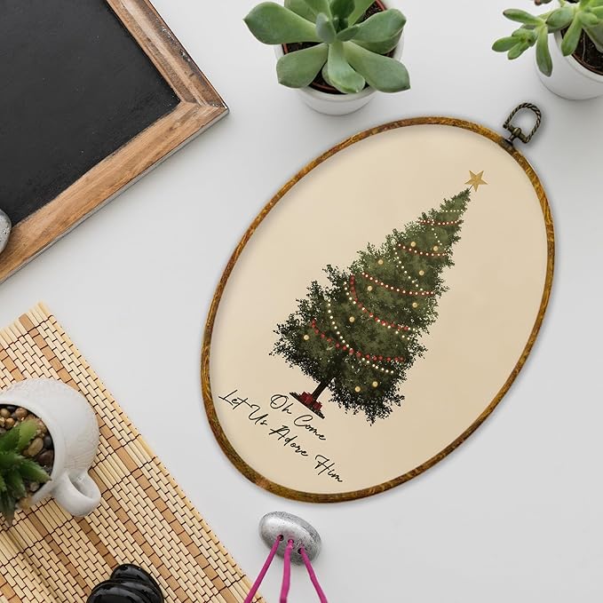 XPH Vintage Christian Christmas Tree Oval Wall Art Framed, Religious Christmas Oval Wall Decor, Oh Come Let Us Adore Him Bible Verse Hanging Canvas Prints for Home Bedroom Decoration, 8.6x11.4 Inch