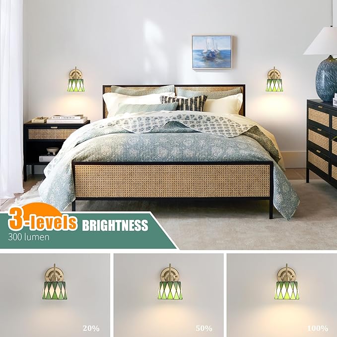 Vintage Battery Operated Wall Sconce Set of 2 with Remote, Rechargeable Wall Lamp 3 Colors Dimmable, Gold Lights Fixture for Bedroom Bathroom Living Room Hallway Green Checker