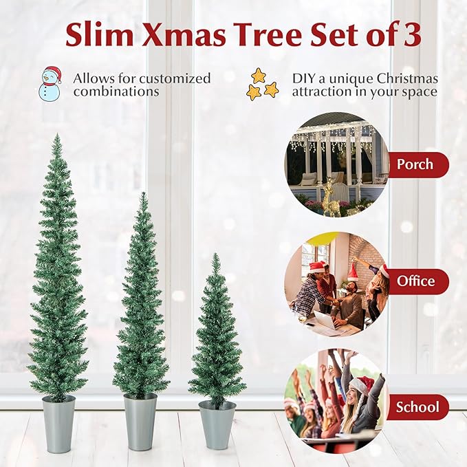 GOFLAME Set of 3 Potted Christmas Tree, 3’ 4’ 5’ Slim Pencil Trees with 120, 140, 160 Branch Tips & Cement-Filled Metal Bases, Artificial Entrance Xmas Trees for Porch, Front Door, Entryway