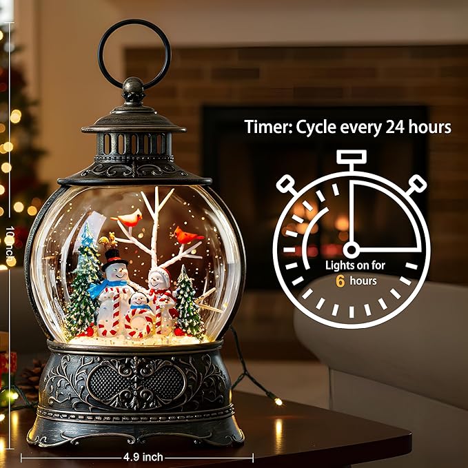 9.8" Christmas Snow Globe Water Lantern with Joy and Snowman Family Scene Battery Operated or USB Powered Musical Lighted Holiday Decoration for Tabletop Display for Family and Friends