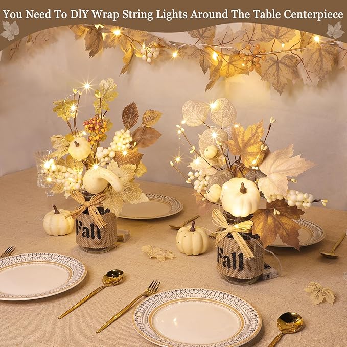 2 Pack 13.5 Inch Fall Decorations for Home Fall Table Centerpieces with 20 LED Lights Timer, Mason Jar with Maple Leafed Pumpkins Berried Thanksgiving Fall Home Decor for Table Coffee Table Bathroom