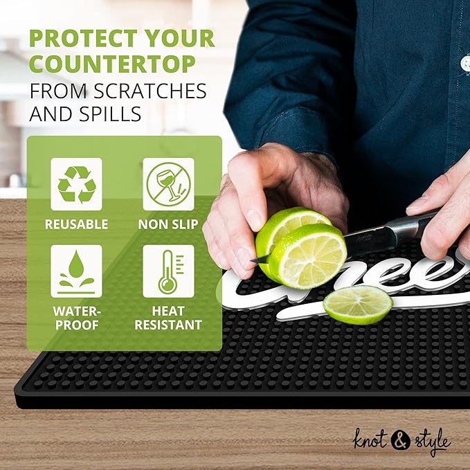 Premium Cheers Bar Mat for Home Bar - Large 18"x12" Rubber Bar Mats for Countertop - Non-Slip Bartender Mat - Drink Spill Mat for Bar Cart - Black Barmat for Cocktail Service