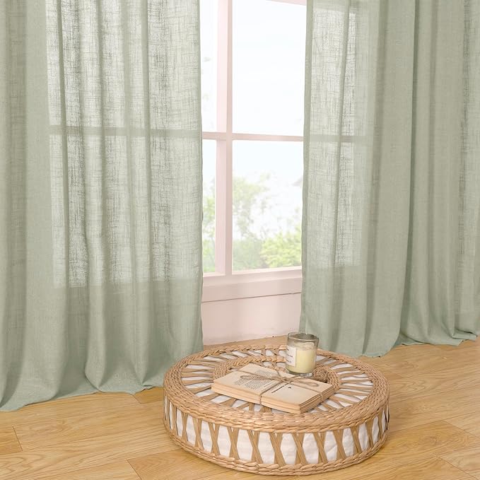 LAMIT Sage Grey Linen Curtains 24 Inch Length for Cafe, Semi Sheer Light Filtering Panels Back Tab and Rod Pocket Small Window Drapes for Basement, 2 Panels, 34 x 24 Inch