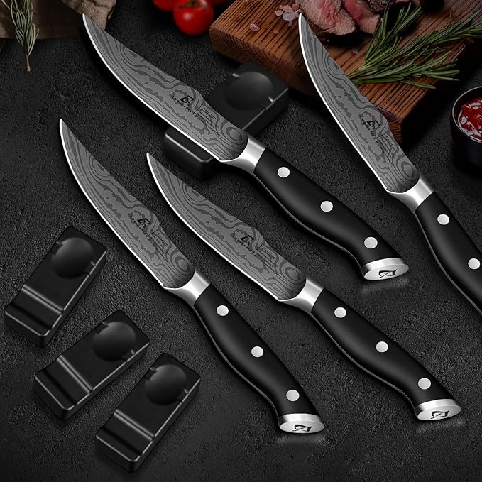 Steak Knives Set of 8, 4.8 Inch Straight Edge Ultra Sharp Durable Meat knives with Rest, High Carbon Stainless Steel Damascus Pattern Triple Rivet Handle, Ideal for Home Restaurant Party