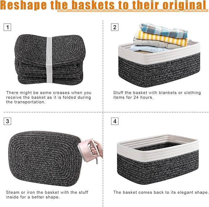 OIAHOMY 4 Pack Storage Baskets for Organizing, Small Bins for Shelves, Cute Decorative Storage Bins, Organizer Baskets for Gifts Empty, 11.8''Lx7.8''Wx4.7''H, Black/White